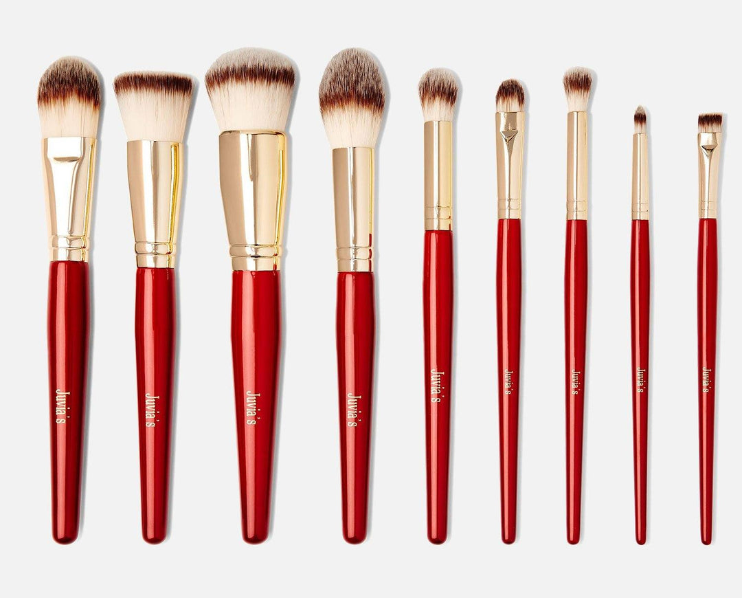 9-Piece Pro Red Face & Eye Makeup Brush Set