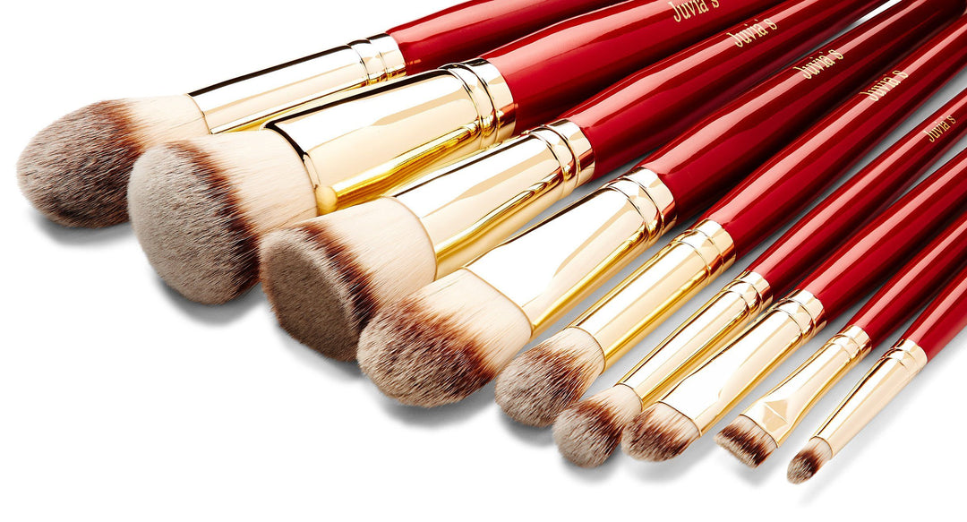 9-Piece Pro Red Face & Eye Makeup Brush Set